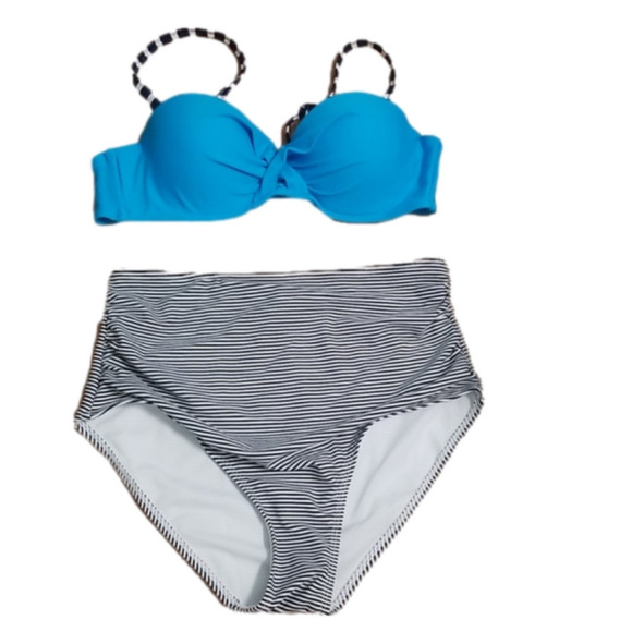BIKINI Top Bottom Set High Rise Stripes Padded Underwire Womens Medium - Picture 1 of 11